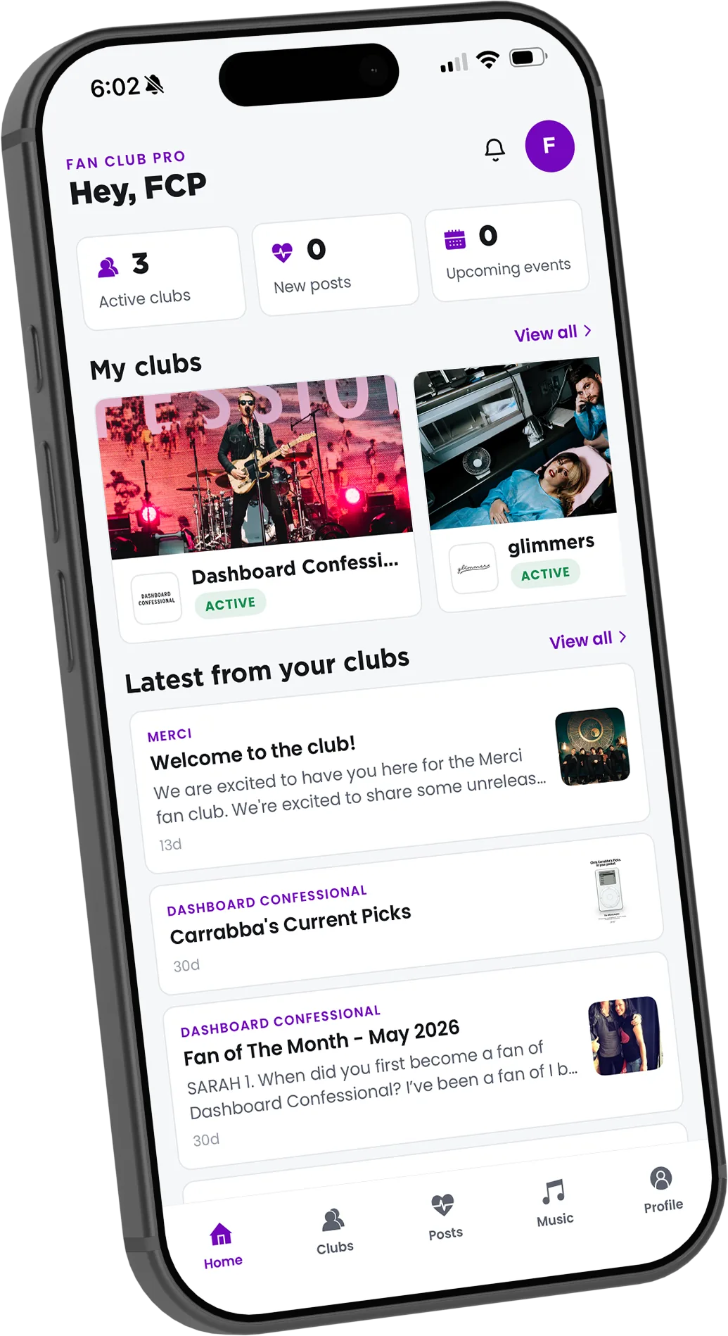 The Fan Club Pro app showing a fan's clubs and latest posts