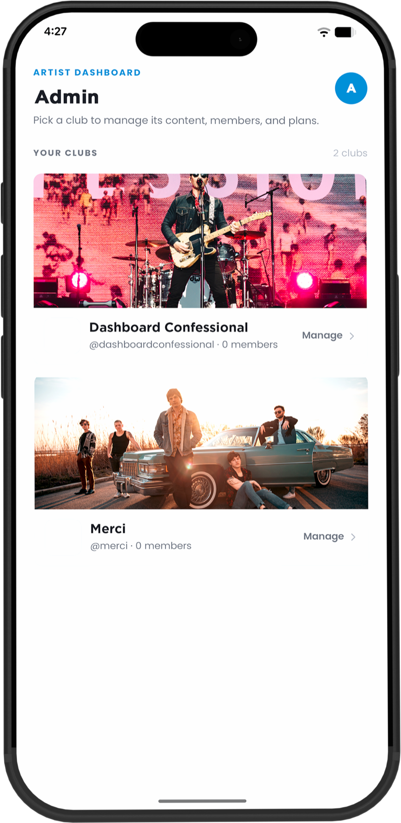 The Fan Club Pro artist app on iPhone