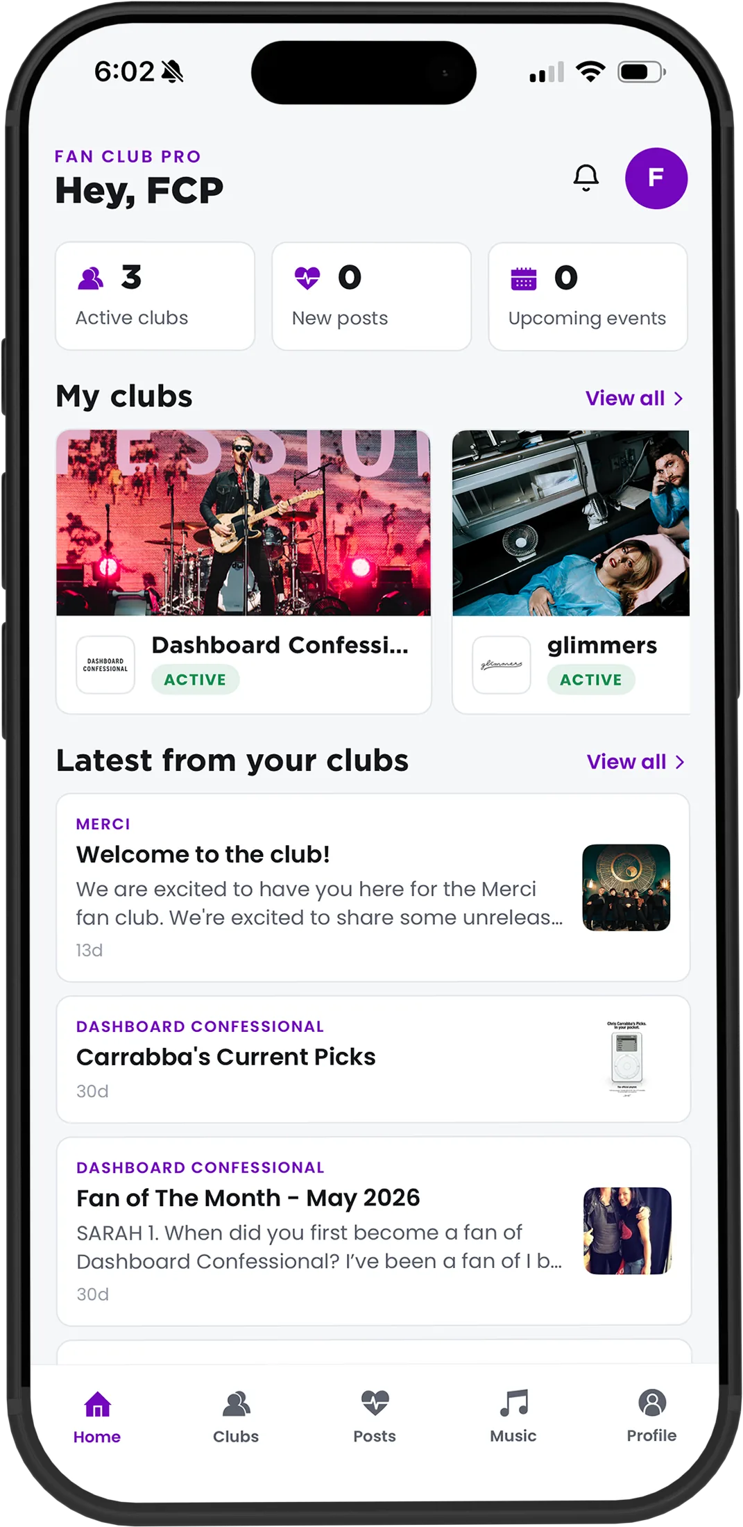 A fan's clubs and latest posts in the Fan Club Pro app
