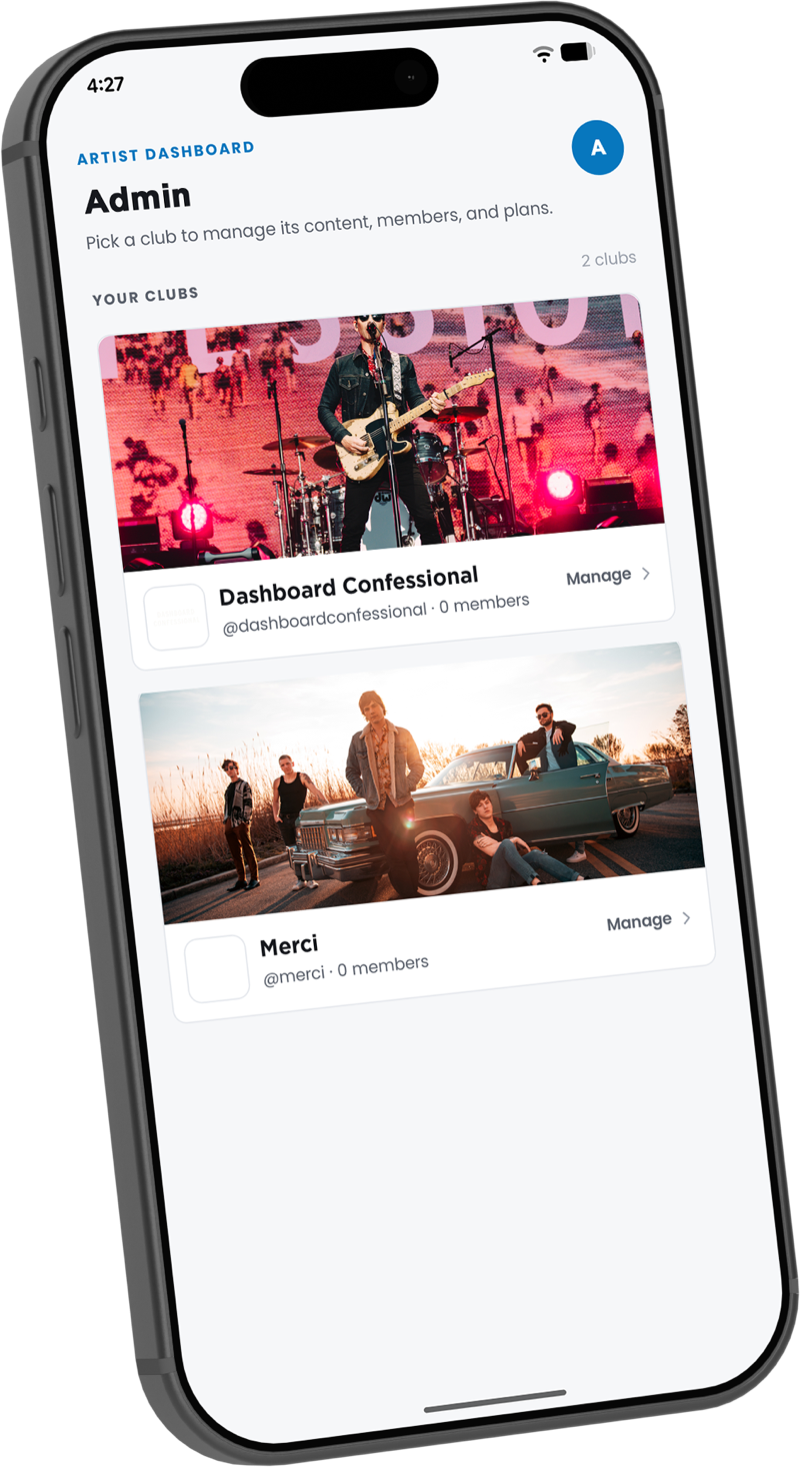 The Fan Club Pro artist app on iPhone
