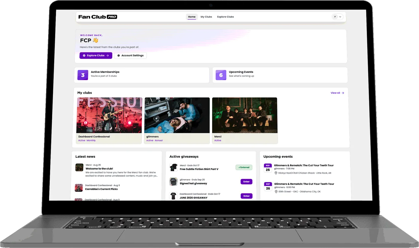 A fan's Fan Club Pro dashboard on a laptop, cycling through clubs, news, and events