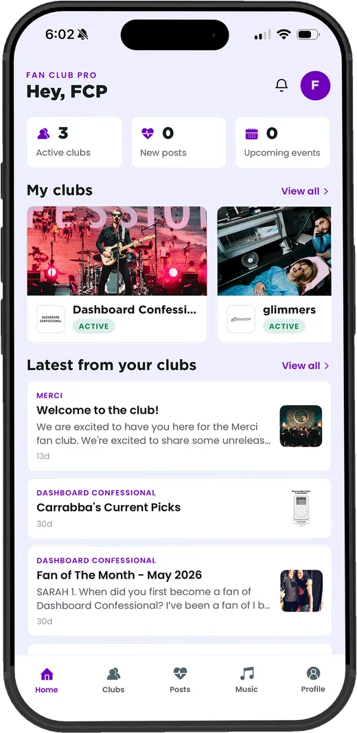 The Fan Club Pro app on iPhone, cycling through a fan's clubs and posts